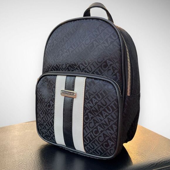 NWT Nautica Jacquard Logo Sport Striped Black & White Backpack Size Medium - Picture 10 of 17
